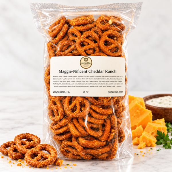 Maggie-Nificent Cheddar Ranch combines crunchy bite-sized pretzels with a savory blend of cheddar cheese and classic ranch seasoning. Rich, tangy, cheesy, and packed with flavor, this is one snack that’s hard to put down.